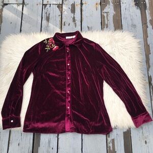 Vintage Velvet Floral Embroidered Oriental Long Sleeves Button Down Top Jacket M
